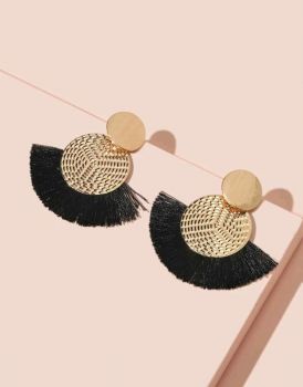 Black Tassel Decor Round Drop Earrings